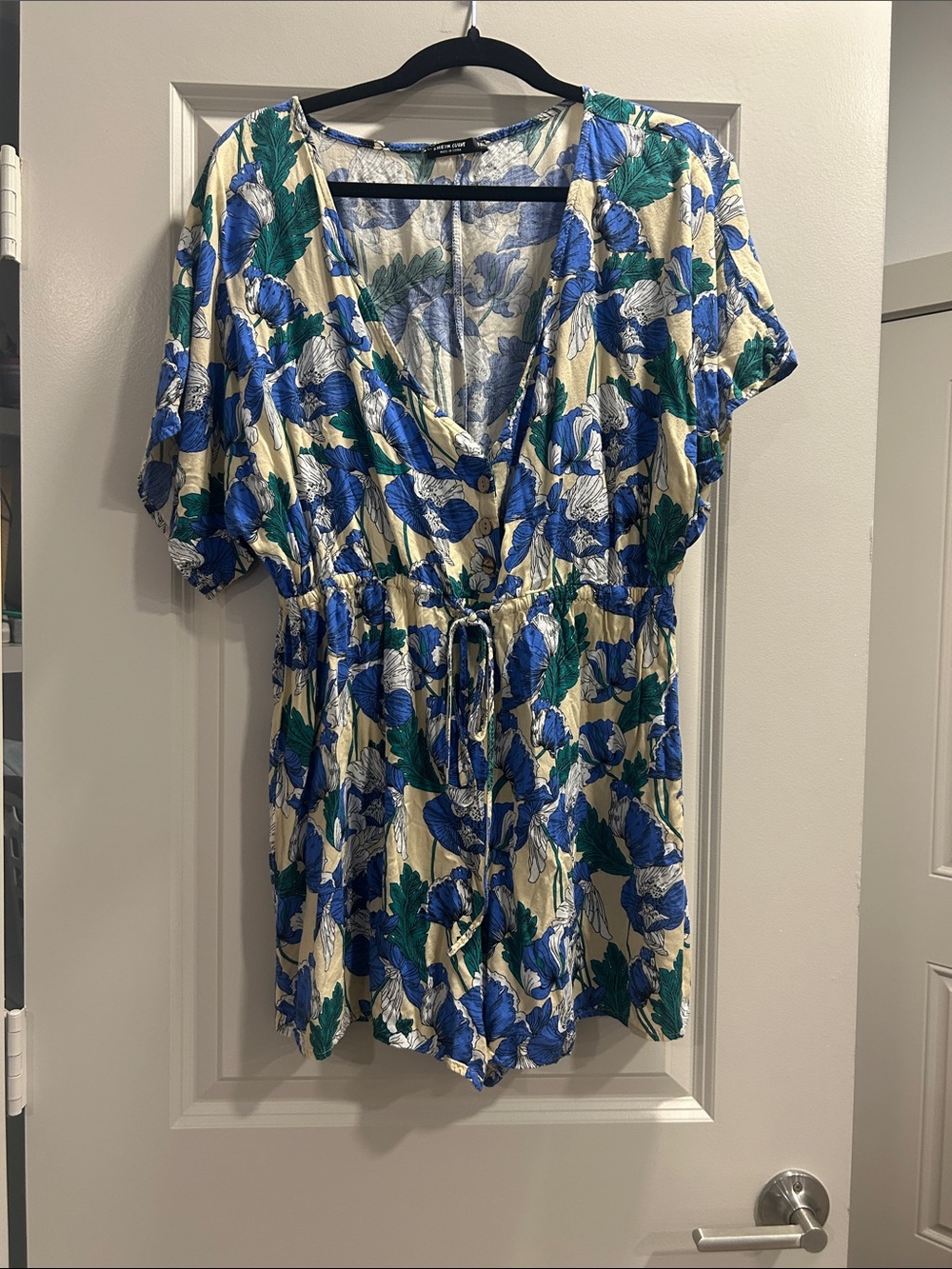 SHEIN Cream Romper with Blue and Green Floral Print
